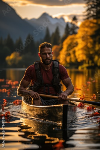 Portrait of a rower in a kayak. A kayak glides on a calm lake during sunrise. Active recreation