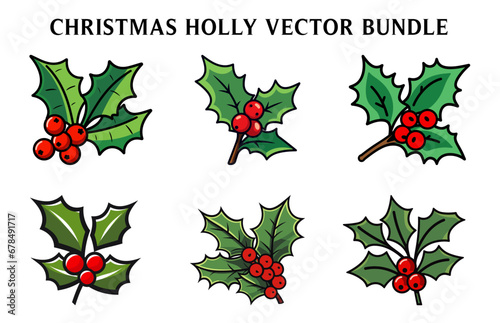 Christmas Holly Vector illustration Set, Christmas Holly Clipart Bundle