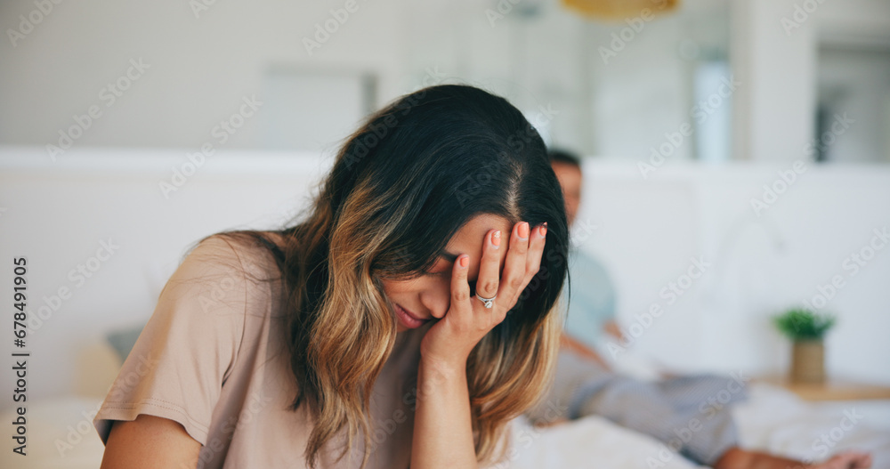 Frustrated couple, fight and divorce with headache in bed, disagreement or argument at home. Upset woman and man in cheating affair, toxic relationship or stress for breakup or dispute in bedroom - obrazy, fototapety, plakaty 