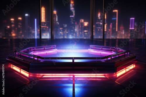 Empty stage, podium, place for product. Colored neon lights. 3d rendering image. Blurred reflections on the floor. Place to present a product. 3d rendering image.
