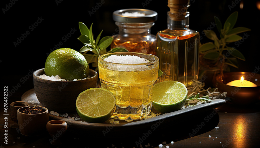 Fresh lime slice in a glass of refreshing mojito cocktail generated by AI Fresh lime slice in a glass of refreshing mojito cocktail generated by AI