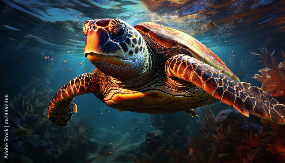 Obraz premium A beautiful sea turtle swimming in the underwater reef generated by AI