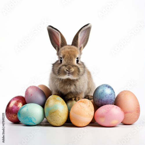 Bunny with easter eggs on white background. Generative AI © Paradoxx