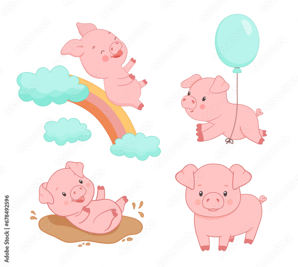 Cute piggy playing in puddle, on rainbow, flying with balloon. Hand drawn vector illustrations set Cute piggy playing in puddle, on rainbow, flying with balloon. Hand drawn vector illustrations set