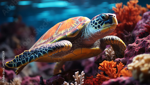 Close up of a colorful turtle swimming in the underwater reef generated by AI