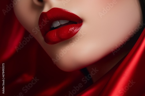 Close-up of glossy red lips with a silky red fabric background  exuding luxury and style
