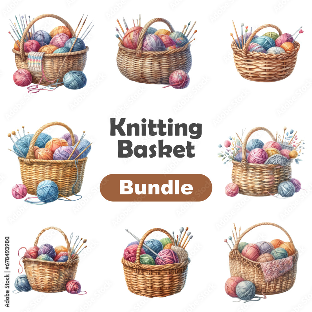 Watercolor Knitting Basket Clipart, Yarn and Wool PNG, Knitting and ...