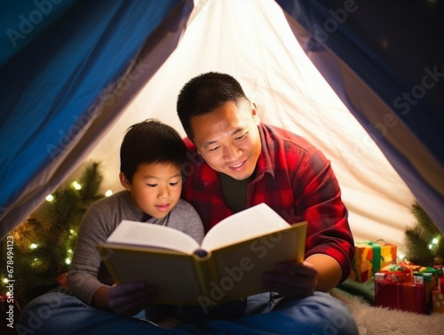 Parents read books with their children in their tents at home on Christmas Day