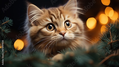 Cute plush grey kitten sits under a green Christmas fir tree in forest. New year magic mood card with cats