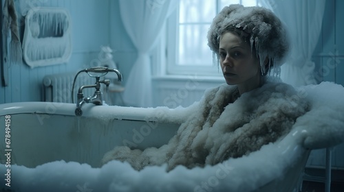 A woman sits inside a very cold bathtub with frozen water. Problems with heating, rising costs of water and electricity. Expensive bills for hot water in winter. heating and hot water turned off photo