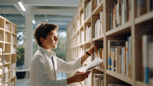 A young teenager studient studies literature, books in a library. A thirst for knowledge, the world of science and new discoveries for a new generation. Book instead of smartphone photo