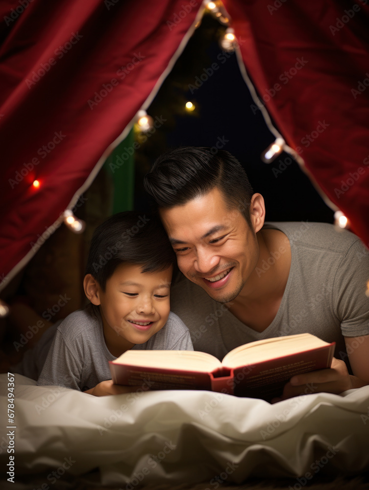 Parents read books with their children in their tents at home on Christmas Day Parents read books with their children in their tents at home on Christmas Day
