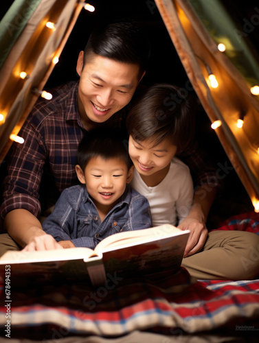 Parents read books with their children in their tents at home on Christmas Day