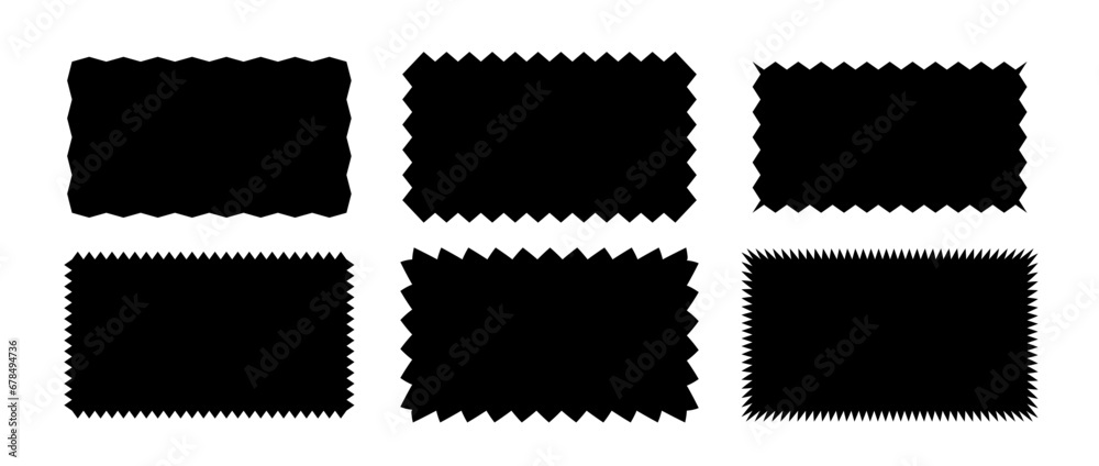 Zig zag edge rectangle shape collection. Jagged rectangular elements set. Black graphic design elements for decoration, banner, poster, template, sticker, badge, label, tag. Vector bundle - obrazy, fototapety, plakaty 