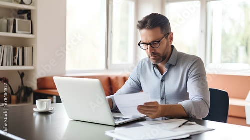 Focused male adviser holding financial reports and working online over laptop at desk in home office. Effective telecommuting concept. generative AI