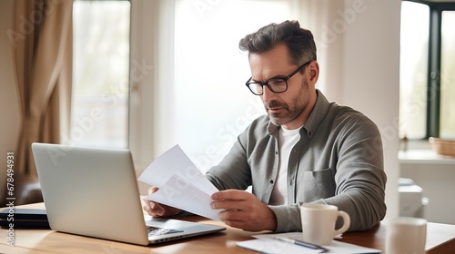 Focused male adviser holding financial reports and working online over laptop at desk in home office. Effective telecommuting concept. generative AI