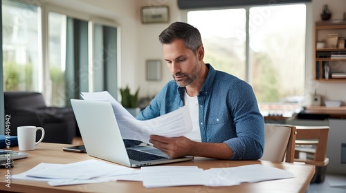 Focused male adviser holding financial reports and working online over laptop at desk in home office. Effective telecommuting concept. generative AI