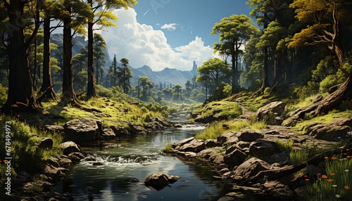 Tranquil scene mountain peak reflects in fresh  flowing water generated by AI