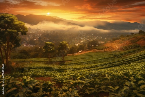 Expansive view of sunset illuminating coffee plantation, representing a fruitful day's end and upcoming harvest. Generative AI