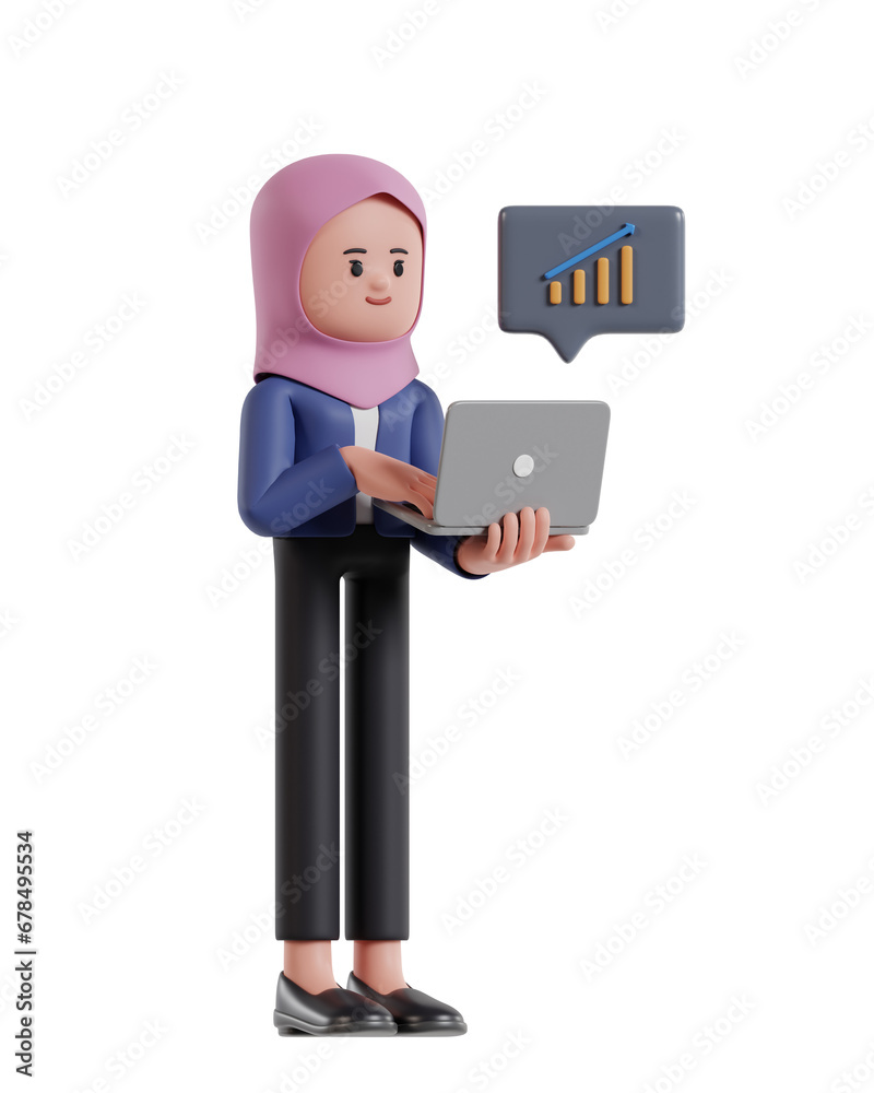 3d Illustration of Cartoon Businesswoman with hijab monitoring growth statistics on laptop screen 3d Illustration of Cartoon Businesswoman with hijab monitoring growth statistics on laptop screen