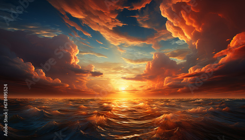 Dramatic sky, sunset, horizon over water, tranquil scene, vibrant color generated by AI