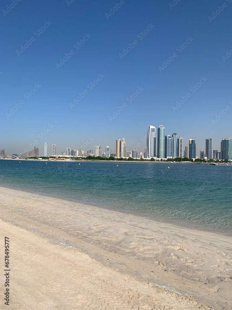 View of the Sharjah skyline taken from Al Mamzar beach in Dubai, United Arab Emirates