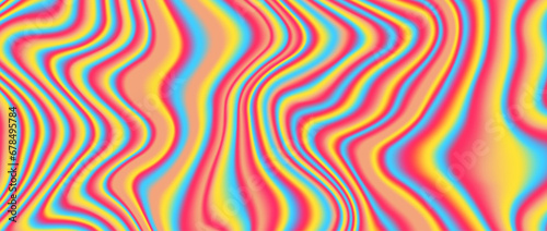 Psychedelic iridescent background. Bright neon holographic wallpaper. Blue red orange yellow wave fluid gradient texture. Vector abstract acid trippy backdrop for banner, poster, cover, overlay, flyer