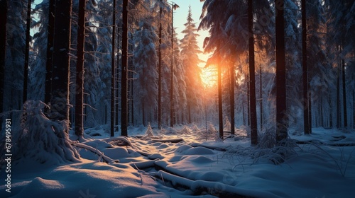 A snow-covered Scandinavian forest at twilight, with the last rays of sunlight filtering through the trees in a tranquil dance