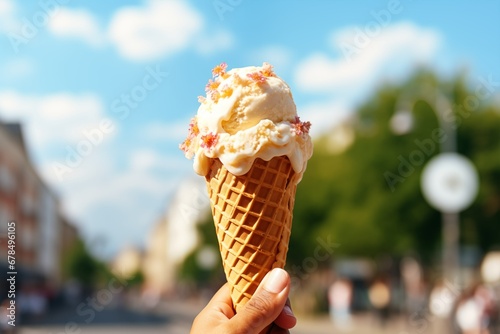  Ice cream in a waffle cone on a summer day photo