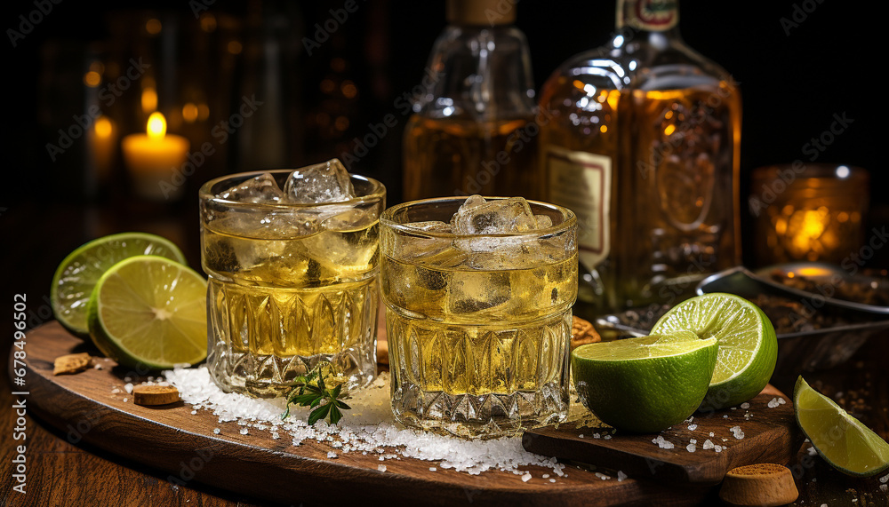 Whiskey cocktail, ice, lime, tequila, lemon, refreshing drink generated by AI