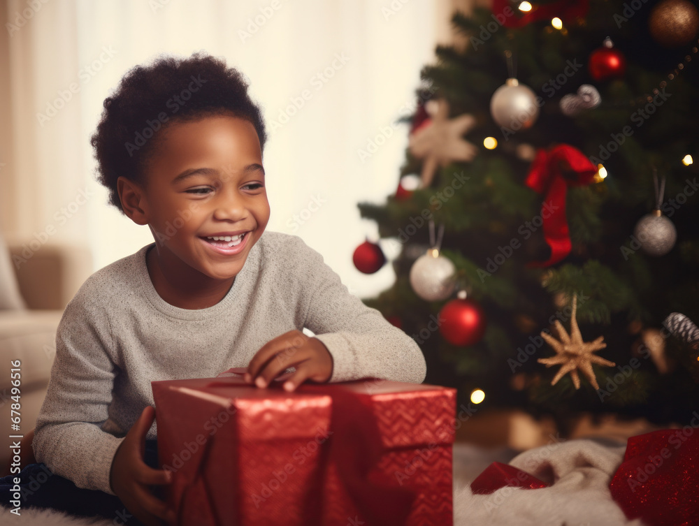 A child was happy to receive presents at Christmas A child was happy to receive presents at Christmas