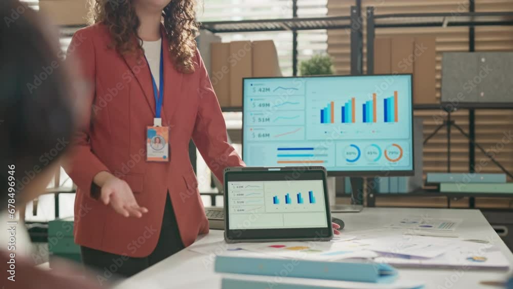 new startup project business plan datachart presentation creative agency team present number barchart and infographic to their co worker for new project strategy pilot data analysis in meeting room 