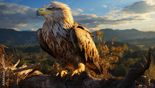 Majestic bald eagle flying, perching on branch, nature tranquility generated by AI