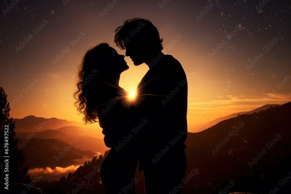 Couple Embracing in Front of a Majestic Sunset on the Beach Generative AI