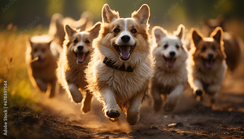 Cute puppy running in the grass, enjoying summer outdoors generated by AI Cute puppy running in the grass, enjoying summer outdoors generated by AI