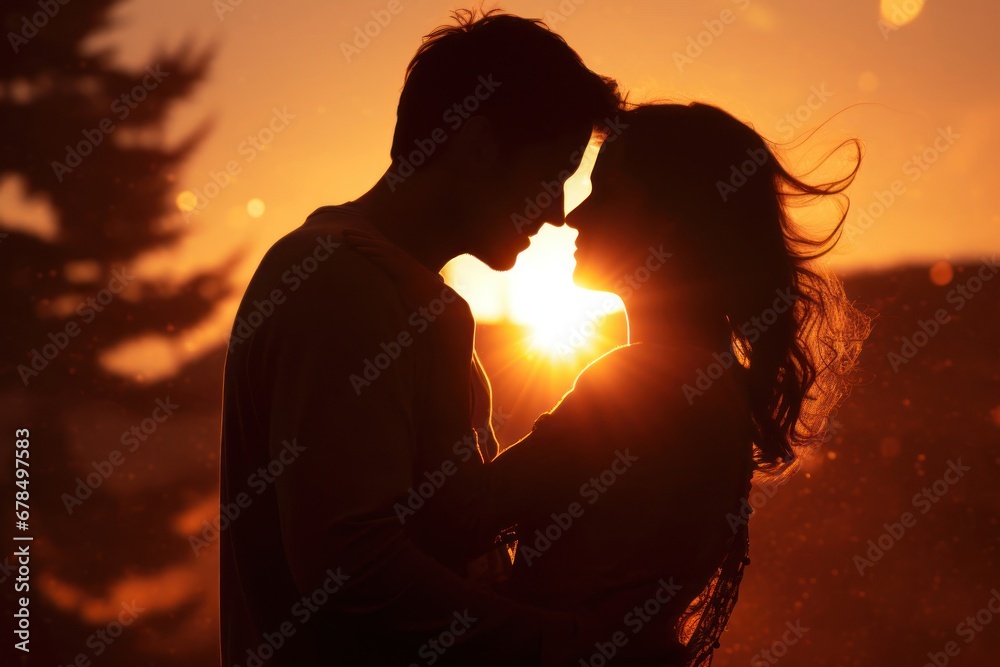 Man and Woman Embracing in Front of a Setting Sun Generative AI