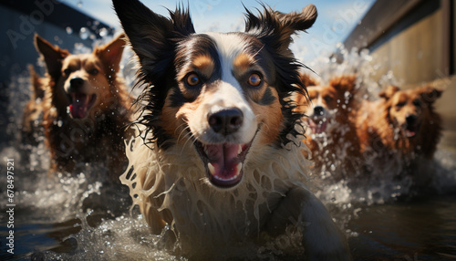 Cute puppy playing in water, wet and cheerful generated by AI © Stockgiu