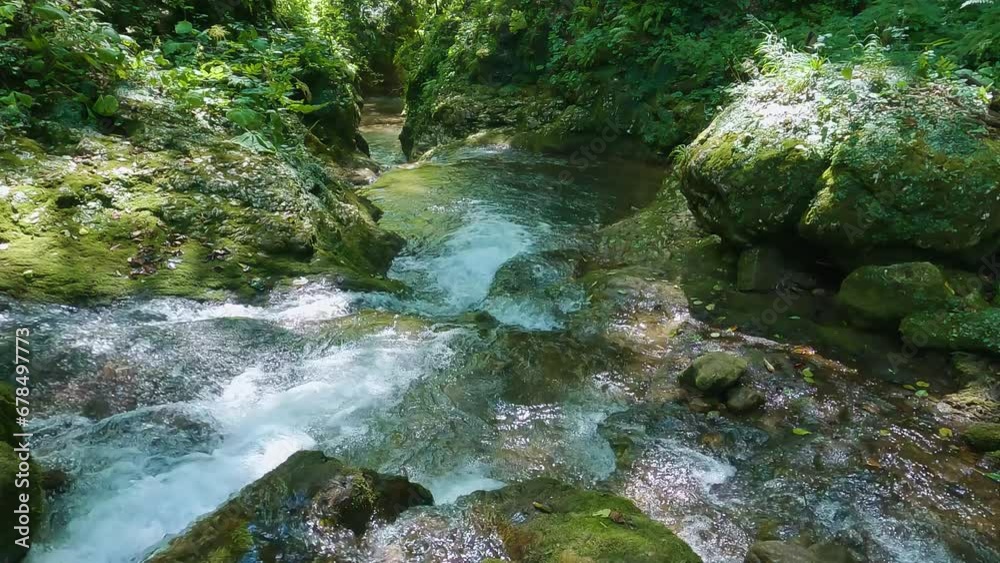 A small clear mountain river flowing among stones covered with moss. Beautiful rocky riverbed, passing into a canyon. The camera moves smoothly over the river. Slow motion A small clear mountain river flowing among stones covered with moss. Beautiful rocky riverbed, passing into a canyon. The camera moves smoothly over the river. Slow motion