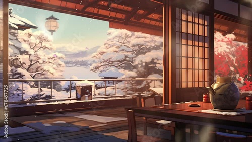 Snowy Solace: Tranquility at a Traditional Tea House. 4K Ultra HD Animated Looping Video Background. photo