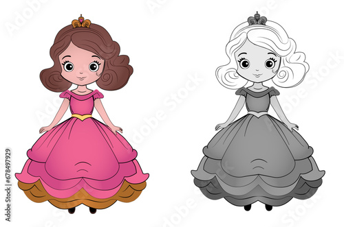 Hand drawn beautiful cute little princess girl in both colour and black and white. Vector illustration for printing, stickers or postcards for family and friends