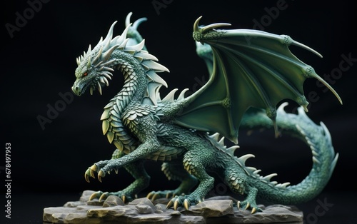 Green dragon toy on black background isolated, symbol of the year 2024, AI