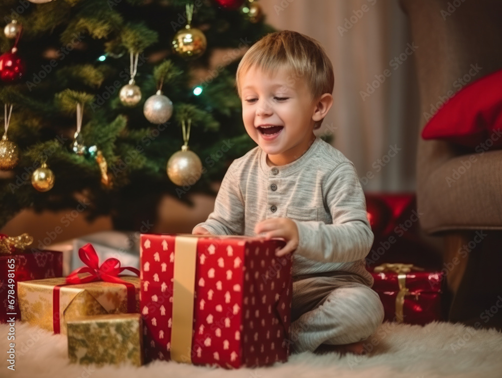 A child was happy to receive presents at Christmas A child was happy to receive presents at Christmas