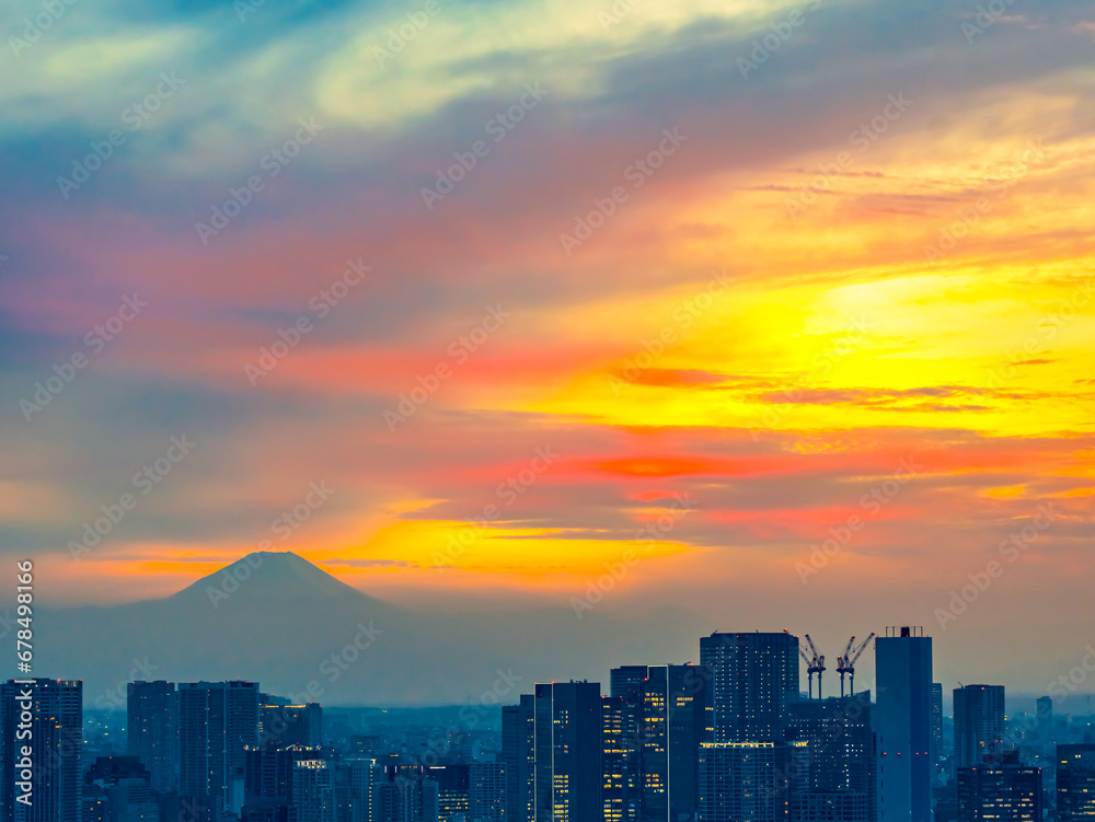 View of Mount Fuji from Tokyo, Japan at sunset
