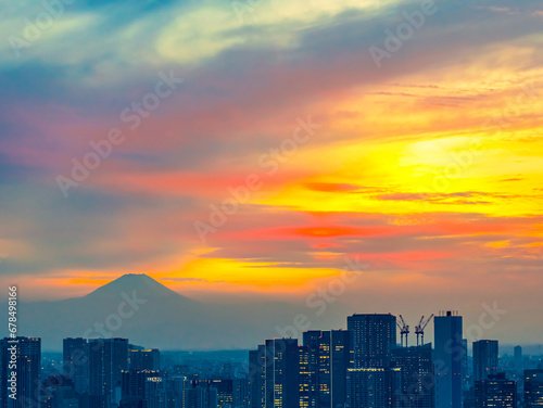 View of Mount Fuji from Tokyo, Japan at sunset