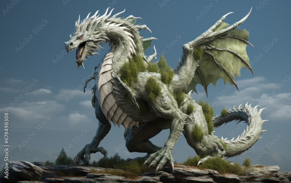 Green dragon in mountains in winter, fantasy art symbol of the New Year 2024, AI Green dragon in mountains in winter, fantasy art symbol of the New Year 2024, AI