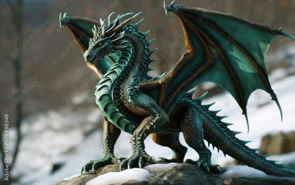 Green dragon in mountains in winter, fantasy art symbol of the New Year 2024, AI Green dragon in mountains in winter, fantasy art symbol of the New Year 2024, AI