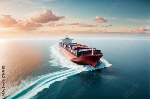 Aerial view of a container ship sailing in the sea. Freight transportation.
