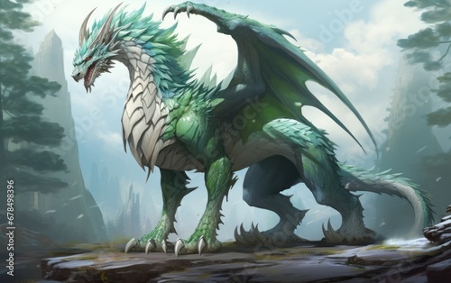 Green dragon in mountains in winter  fantasy art symbol of the New Year 2024  AI