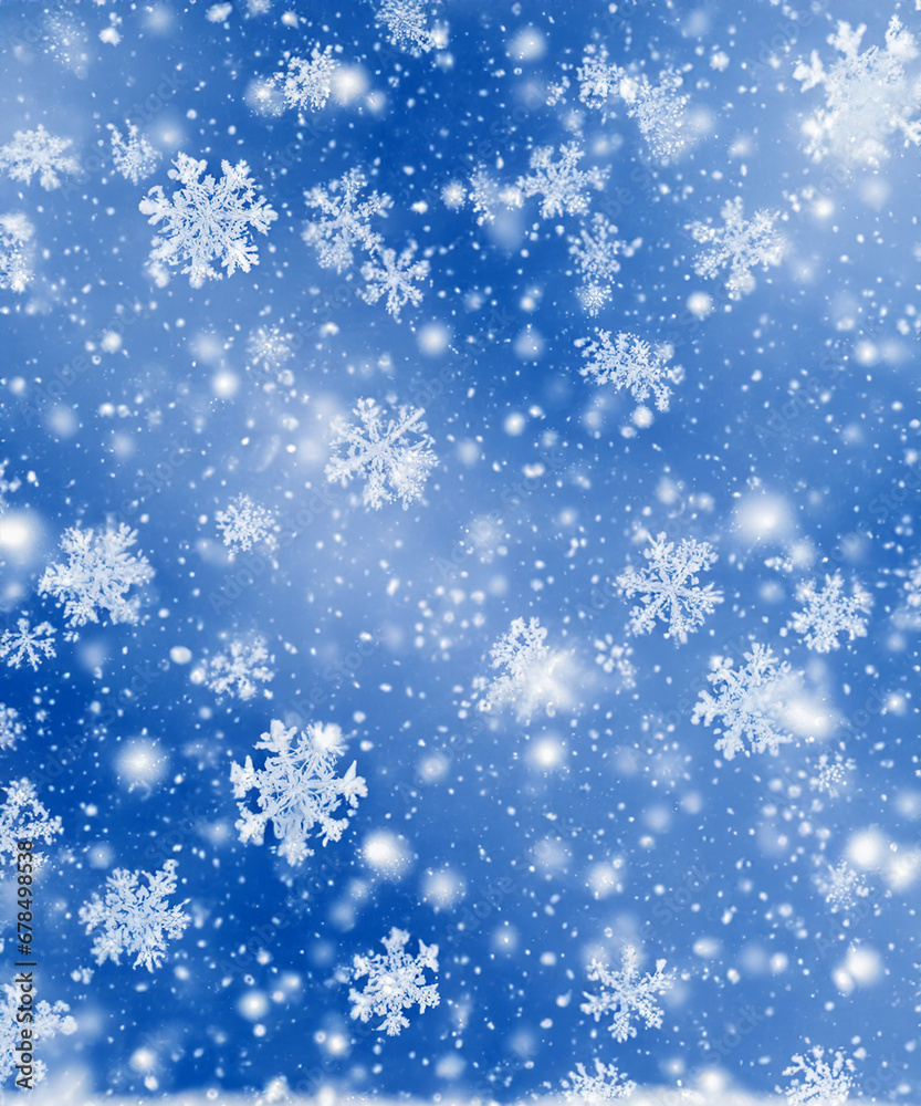 Natural Winter Christmas background with sky, heavy snowfall, snowflakes in different shapes and forms, snowdrifts. Winter landscape with falling christmas shining beautiful snow.