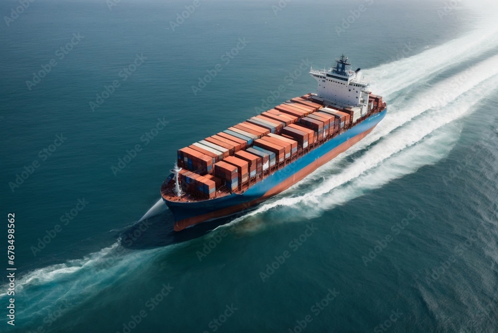 Aerial view of a container ship sailing in the sea. Freight transportation.